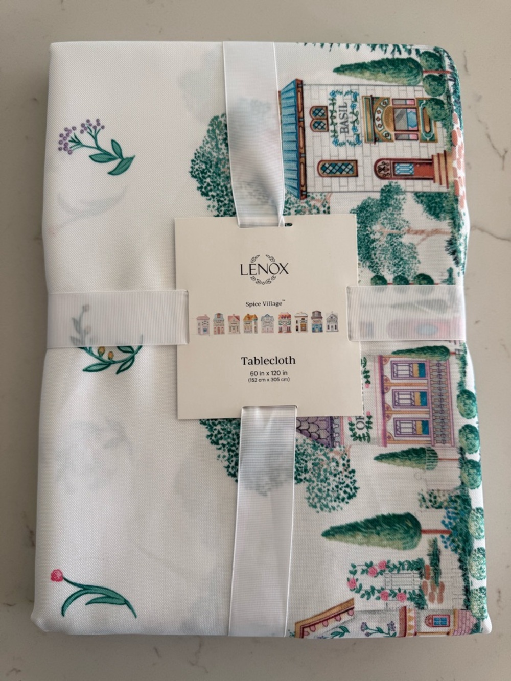 Lenox Spice Village Tablecloth - White with Green and Pink Village Motif